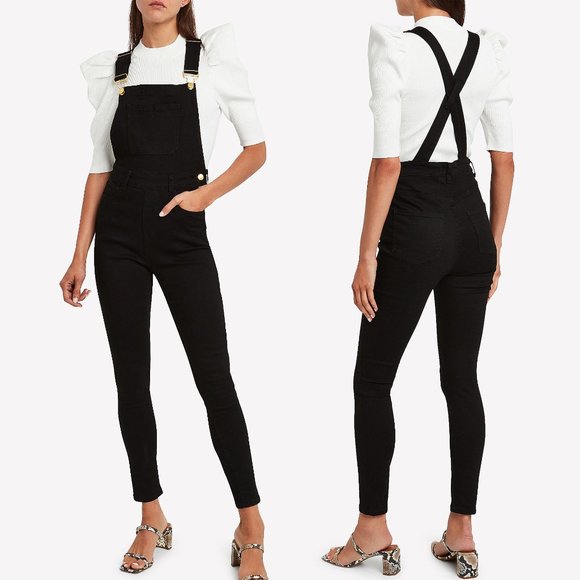 WeWoreWhat Black Stretch Denim High Rise Skinny Bib Overalls X-Small Jumpsuit XS - Picture 1 of 9